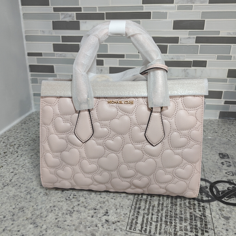 Michael Kors Sheila Medium Heart Embroidered Satchel (Powder Blush)
